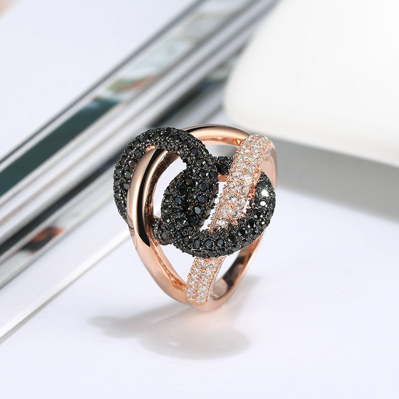 Interlinking  Statement Ring for Women Rose Gold Sterling Silver Black CZ Ginger Lyne Collection