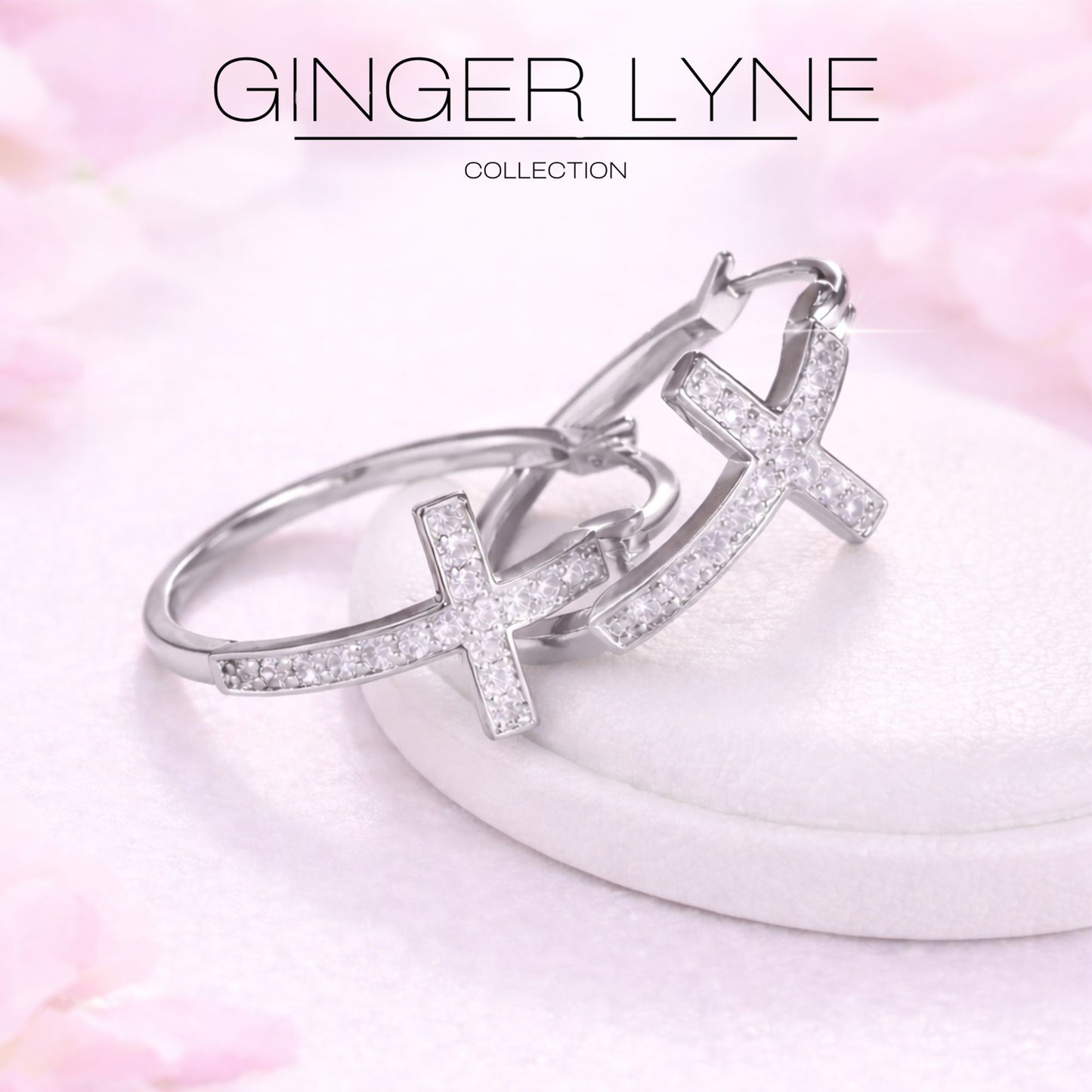 Cross Hoop Earrings for Women Cubic Zirconia Ginger Lyne Collection - Silver Tone-30mm