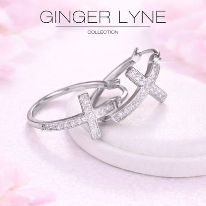 Cross Hoop Earrings for Women Cubic Zirconia Ginger Lyne Collection - Silver Tone-30mm