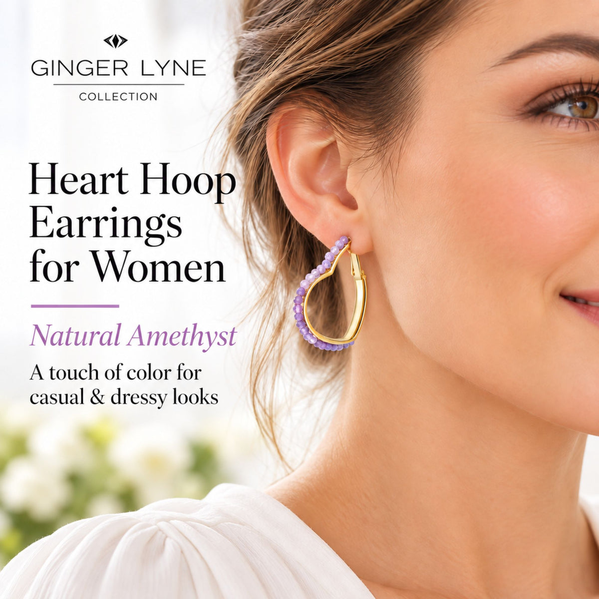 Heart Hoop Earrings for Women 14K Gold Plated Sterling Silver Natural Purple Amethyst - Purple