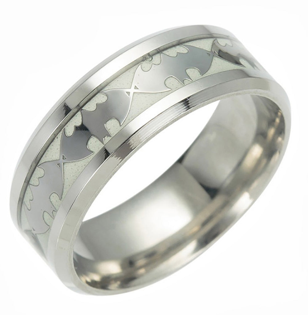Glow in the Dark Bats Steel Wedding Band Ring Men Women Ginger Lyne Collection - Silver/Inlay,14