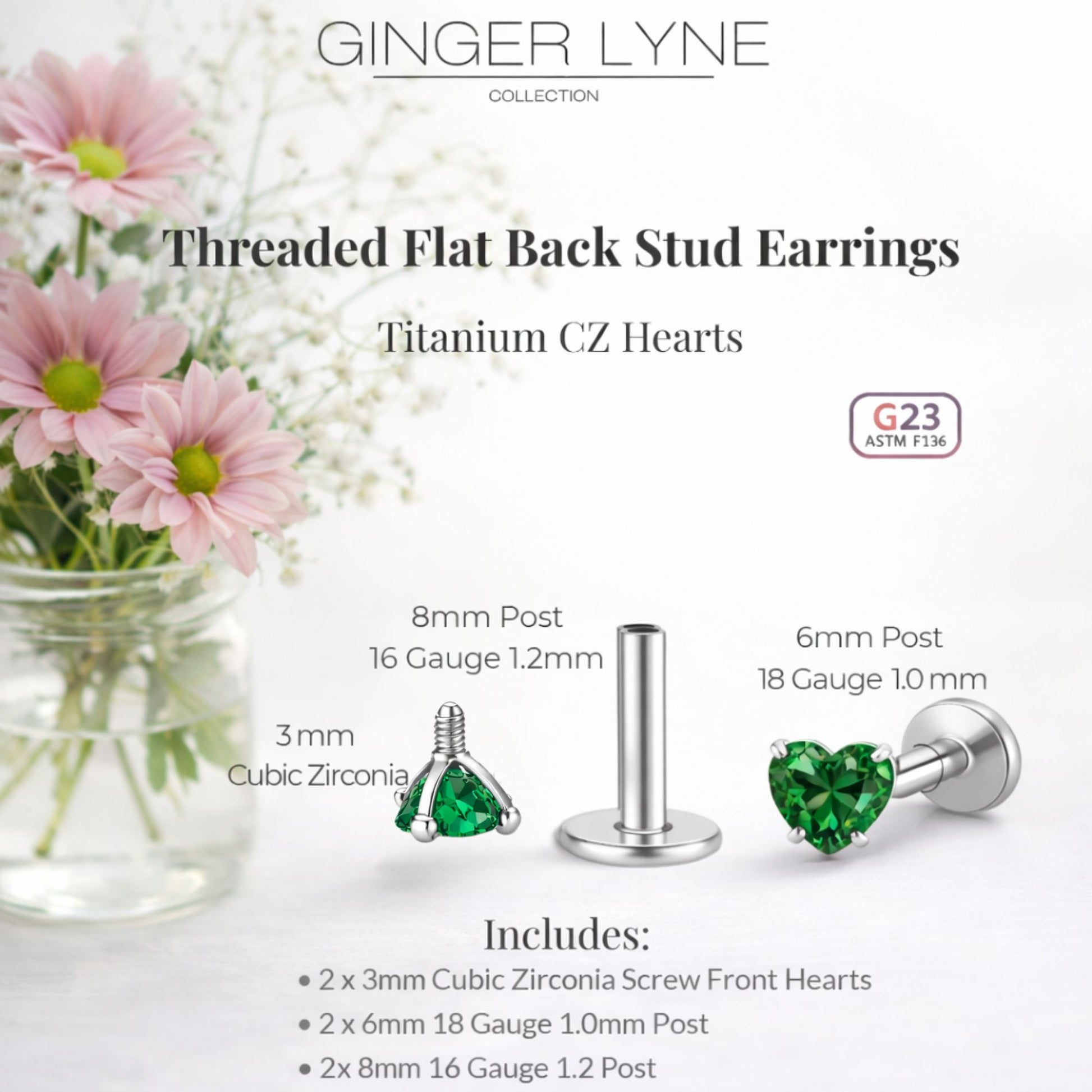 Small Heart CZ Solitaire Flat Back Stud Earrings Titanium Body Piercings by Ginger Lyne 2 Sets Post 6mm 8mm - 3mm-DkGreen