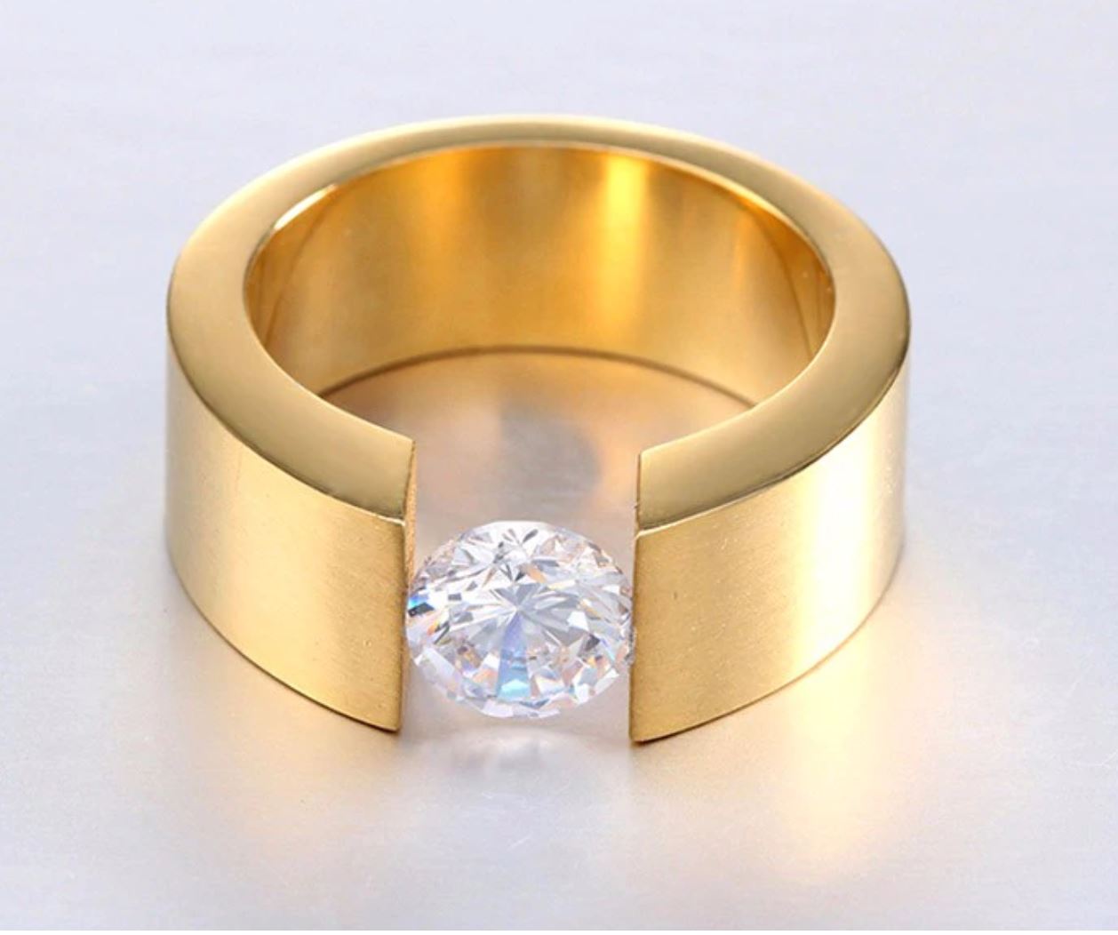 Wedding Band Ring for Men or Women 8mm Wide Gold Stainless Steel 1 Ct Cz Ginger Lyne Collection