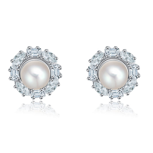 Baguette Cut Stud Earrings for Women Cubic Zirconia Simulated Pearl Ginger Lyne Collection