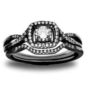 Black Wedding Ring Set for Women CZ Halo Black Sterling Slver Engagement Ring Ginger Lyne Collection - Black/Sterling Silver,10