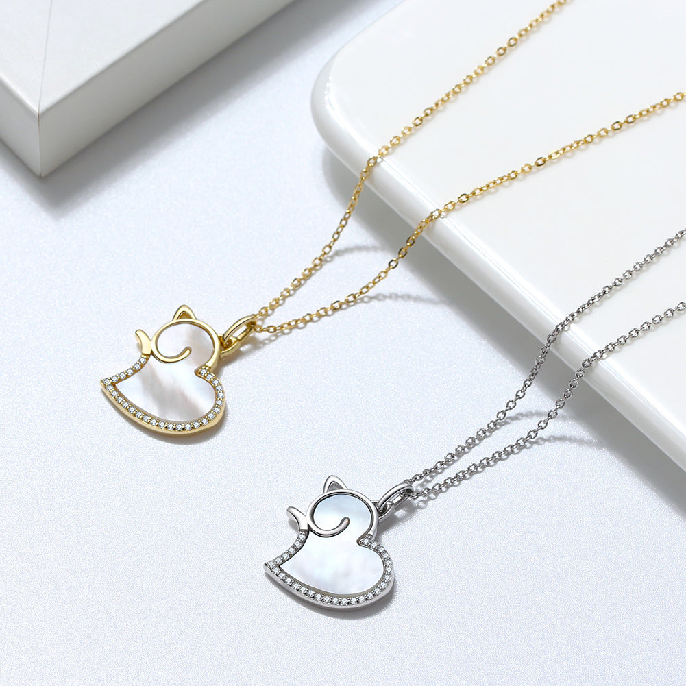 Cat Heart Pendant Necklace for Women Seashell CZ Sterling Silver Ginger Lyne Collection - Gold