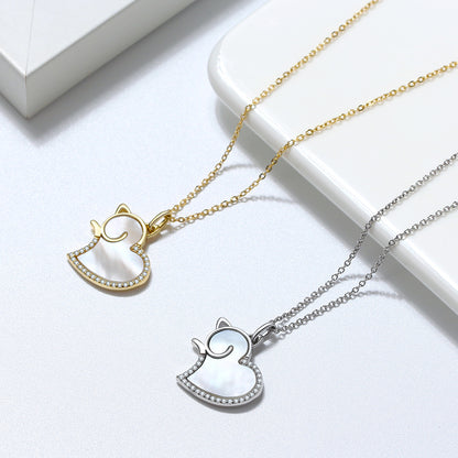 Cat Heart Pendant Necklace for Women Seashell CZ Sterling Silver Ginger Lyne Collection - Gold