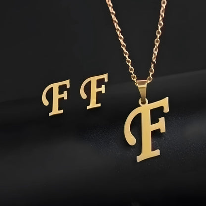 Initial Letter Pendant Necklace Earrings Set for Women Gold Plated Stainless Steel by Ginger Lyne - F