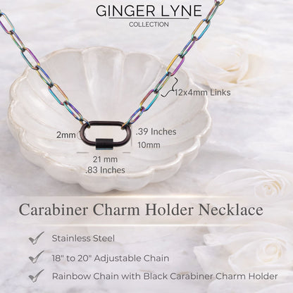 Carabiner Charm Holder Necklace for Women by Ginger Lyne Paperclip Chain Rainbow Stainless Steel 18-20" - Rainbow-PaperclipChain/BlkRect Sq CH