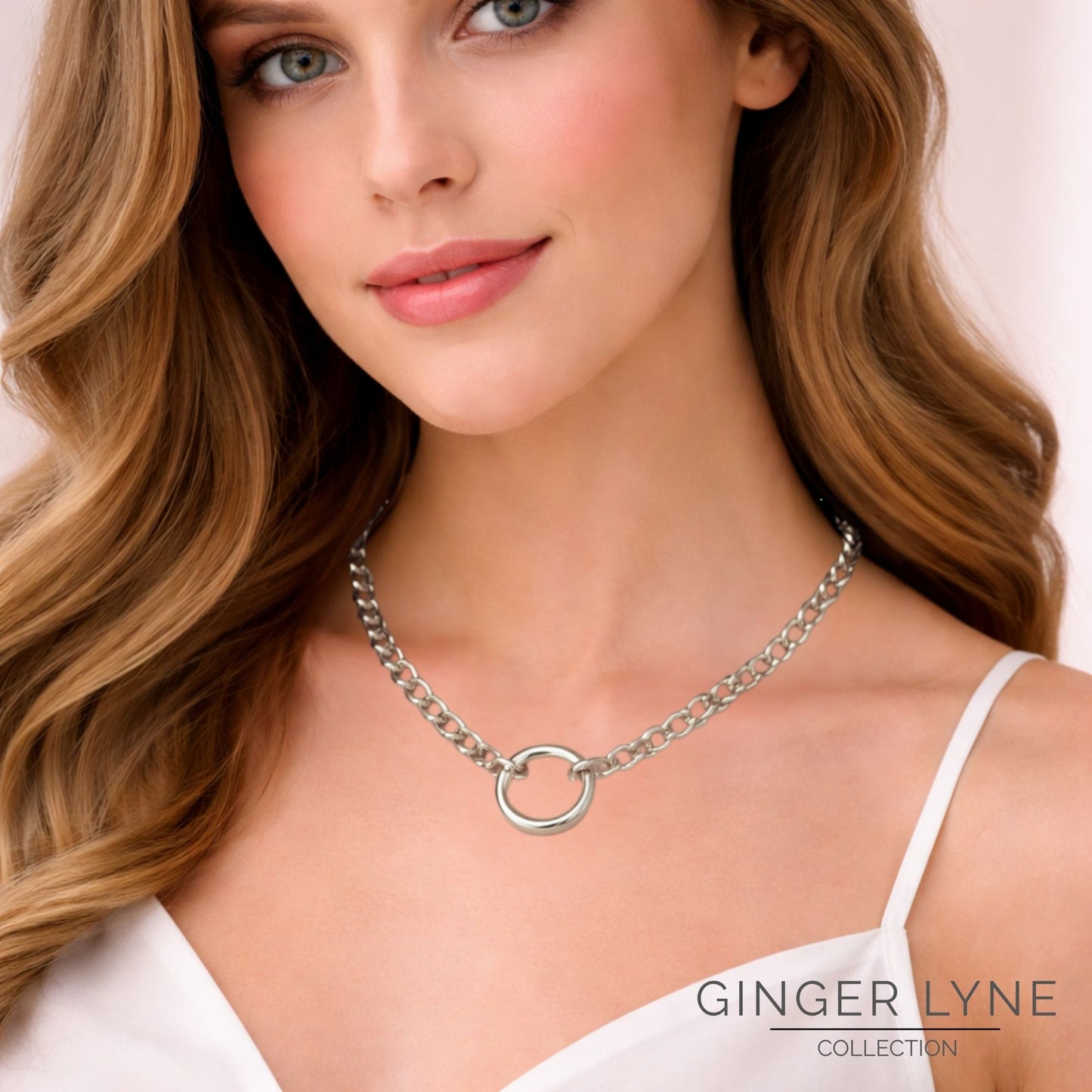 Carabiner Charm Necklace for Women O Link Chain Round Holder Stainless Steel by Ginger Lyne - 20mm/Silver