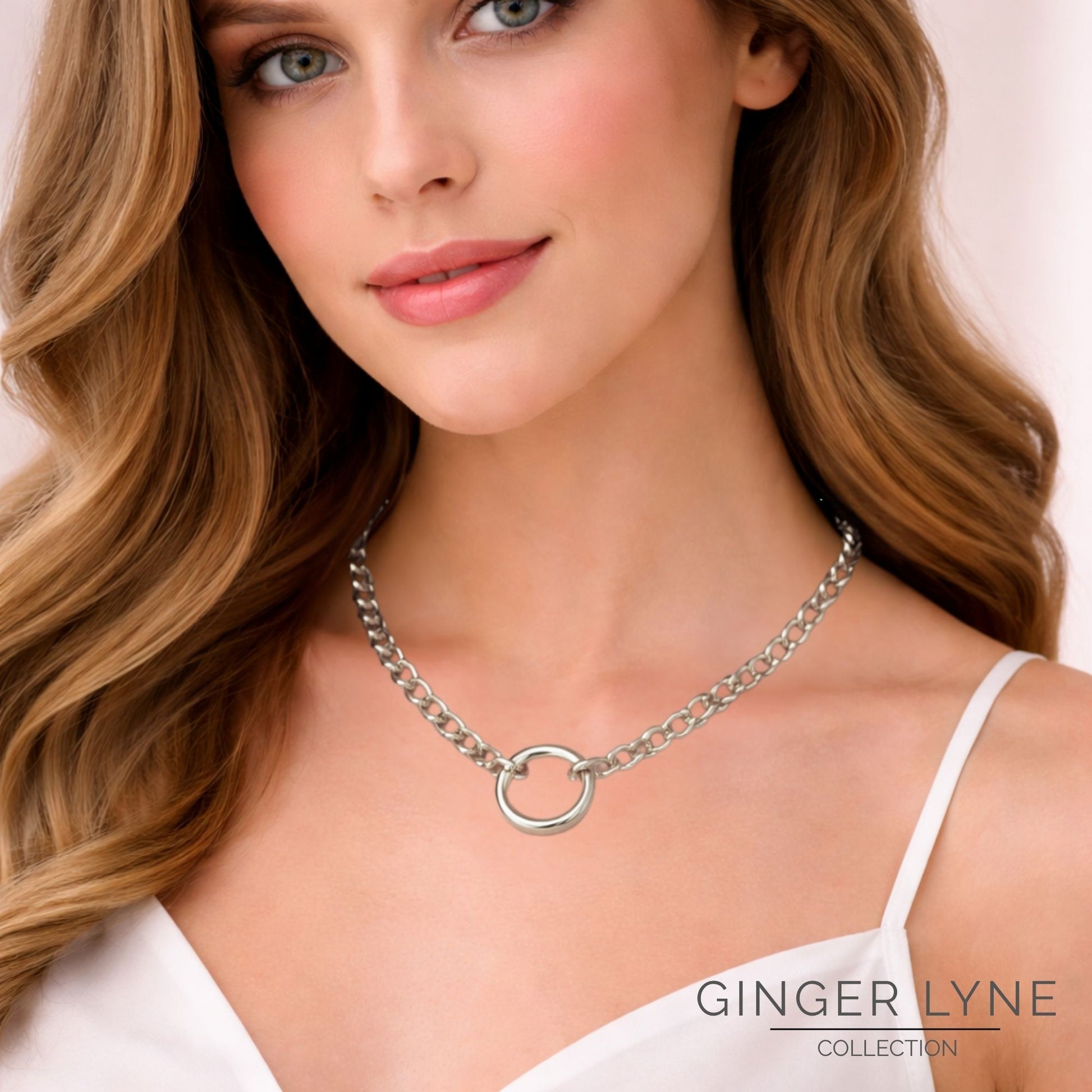 Carabiner Charm Necklace for Women O Link Chain Round Holder Stainless Steel by Ginger Lyne - 20mm/Silver