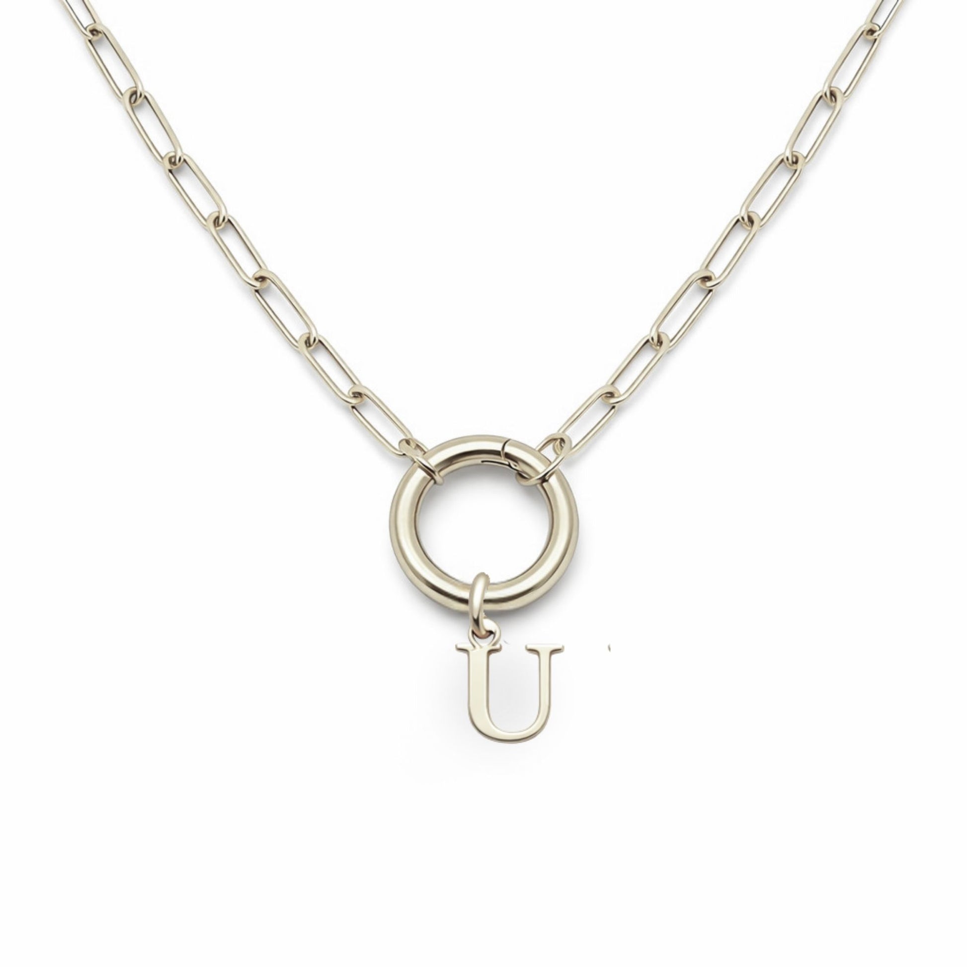 PaperclipLinkCircleCarabinerIntialLetterCharmHolderNecklaceforWomenStainlessSteel20"GingerLyne_Silver-U-1