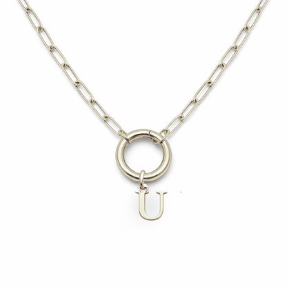 PaperclipLinkCircleCarabinerIntialLetterCharmHolderNecklaceforWomenStainlessSteel20"GingerLyne_Silver-U-1