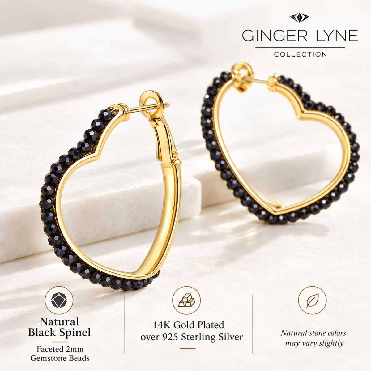 Heart Hoop Earrings for Women 14K Gold Plated Sterling Silver Natural Black Spinel - Black