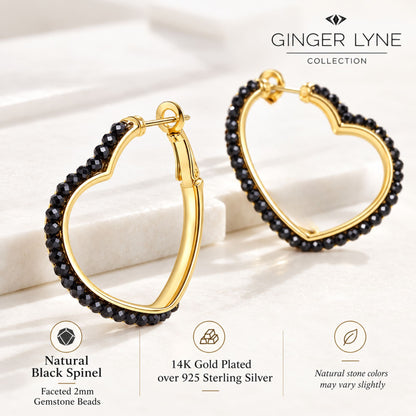 Heart Hoop Earrings for Women 14K Gold Plated Sterling Silver Natural Black Spinel - Black