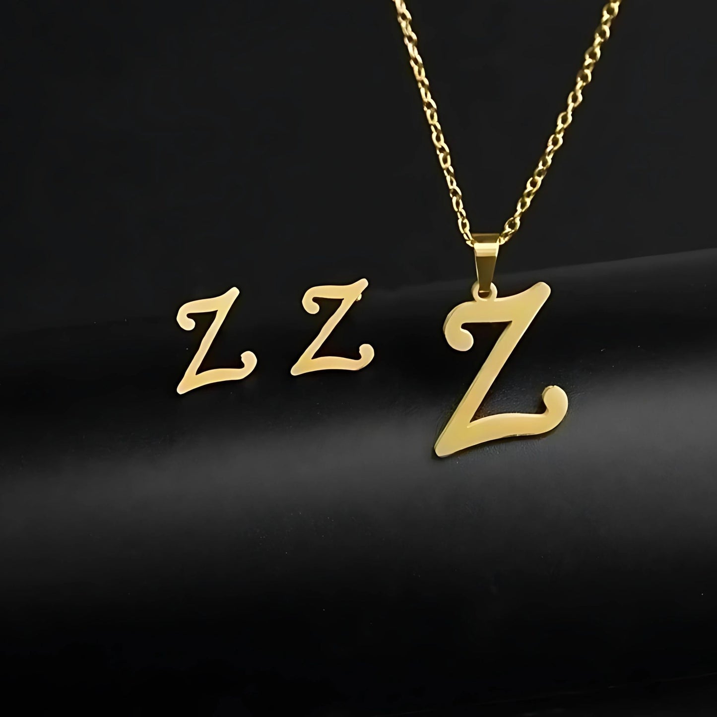 Initial Letter Pendant Necklace Earrings Set for Women Gold Plated Stainless Steel by Ginger Lyne - Z