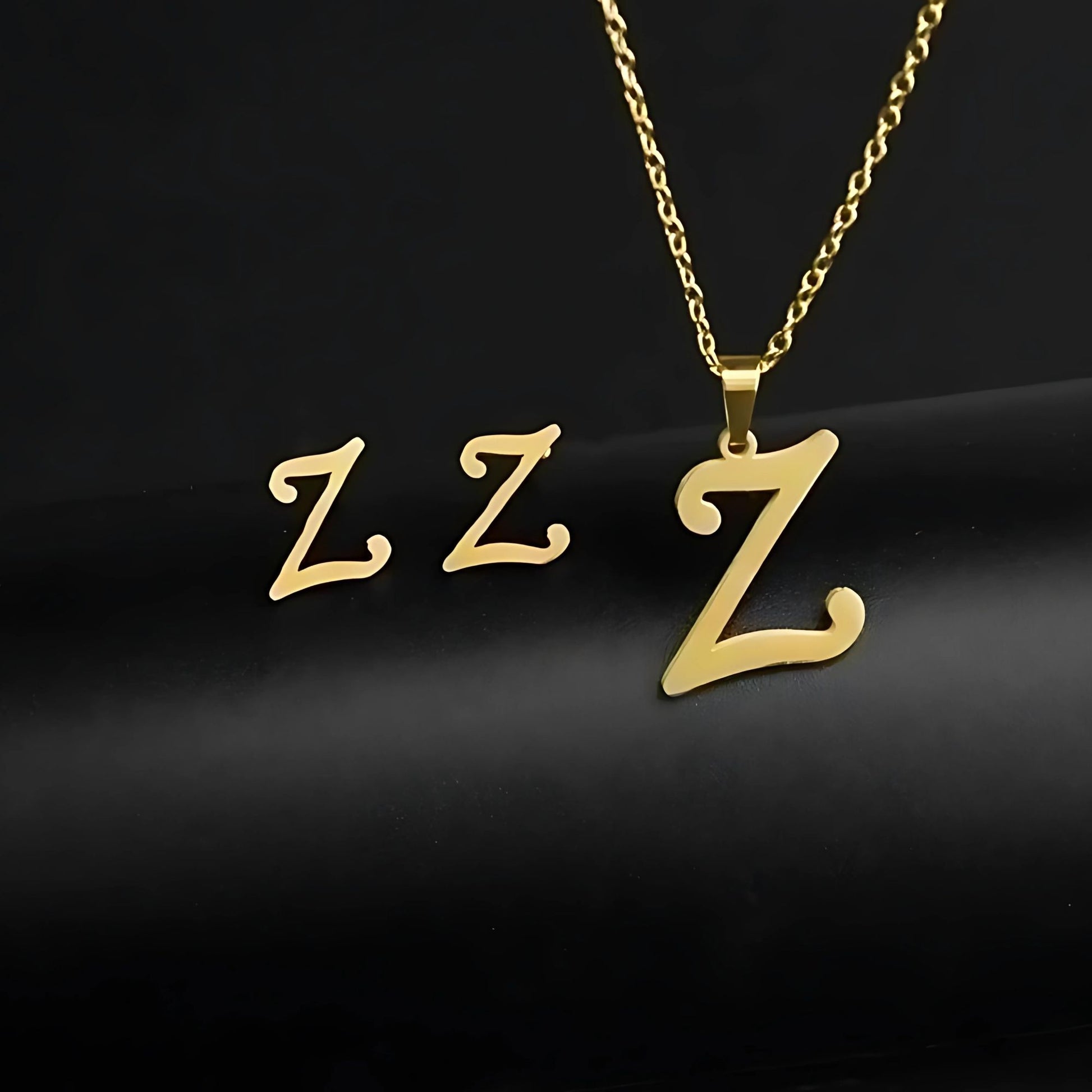 Initial Letter Pendant Necklace Earrings Set for Women Gold Plated Stainless Steel by Ginger Lyne - Z