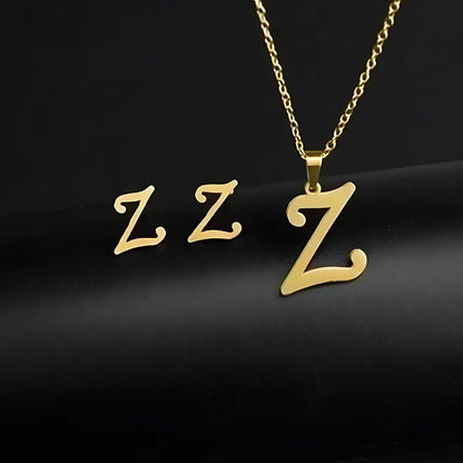 Initial Letter Pendant Necklace Earrings Set for Women Gold Plated Stainless Steel by Ginger Lyne - Z