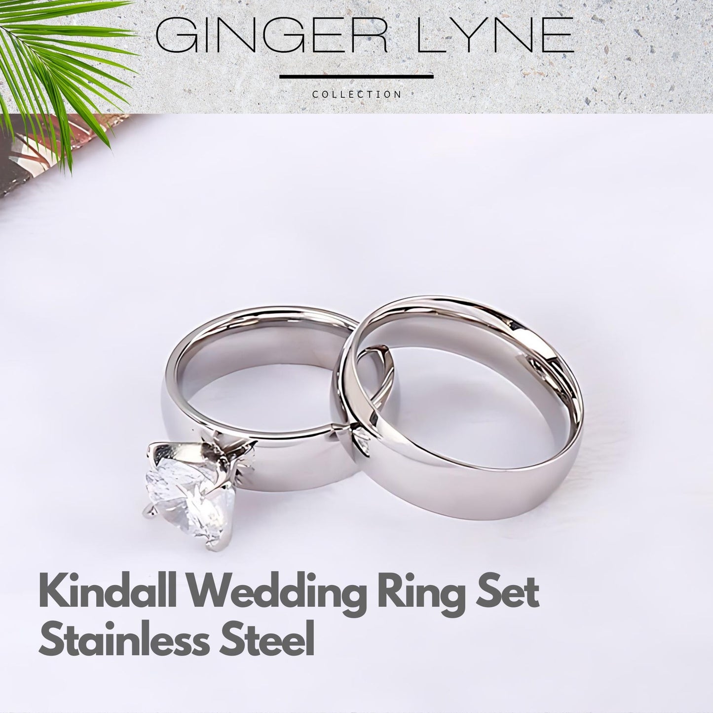 Kindall Wedding Ring Set for women Gold Stainless Steel Engagement Ring and Band by Ginger Lyne