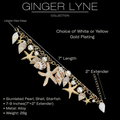 Seashell Charm Bracelet for Women by Ginger Lyne Gold Plated Pearls Starfish and Shells - Silver