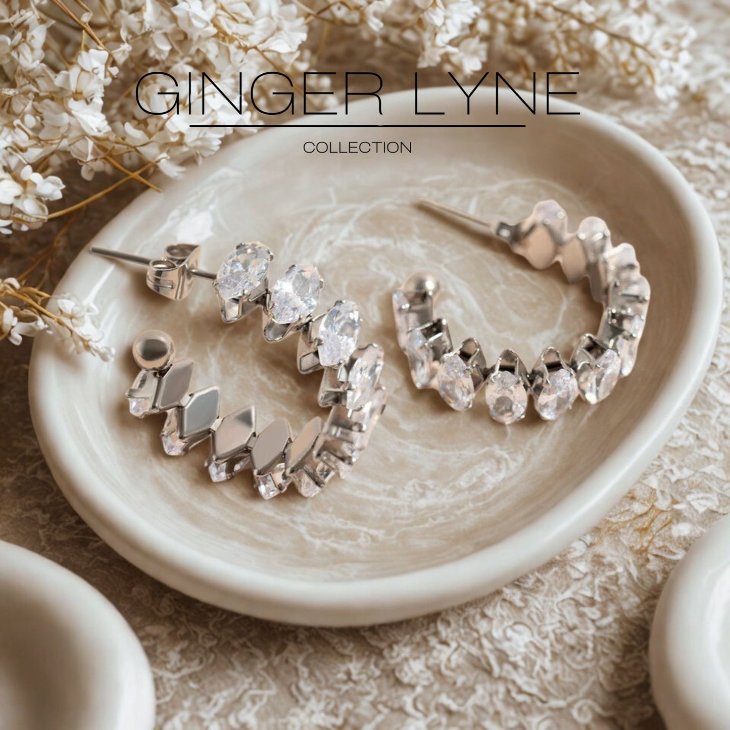 Marquise Hoop Earrings for Women CZ Gold over Silver Stainless Steel Ginger Lyne Collection - Silver