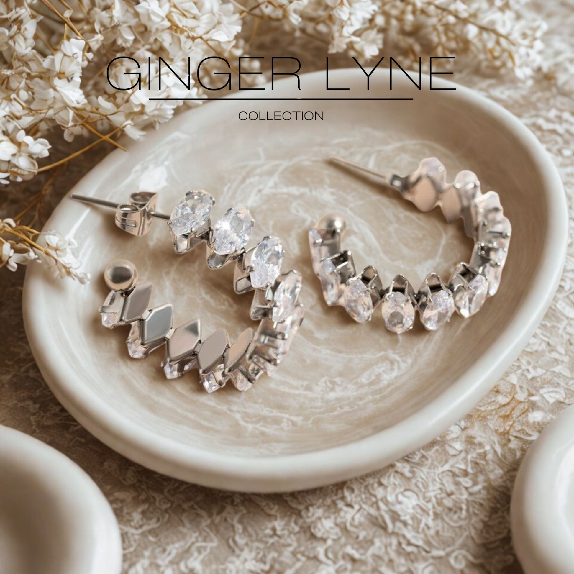 Marquise Hoop Earrings for Women CZ Gold over Silver Stainless Steel Ginger Lyne Collection - Silver