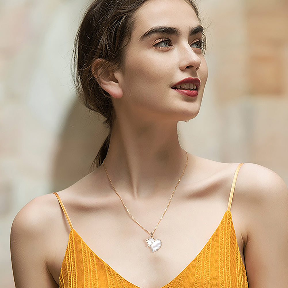 Cat Heart Pendant Necklace for Women Seashell CZ Sterling Silver Ginger Lyne Collection - Gold