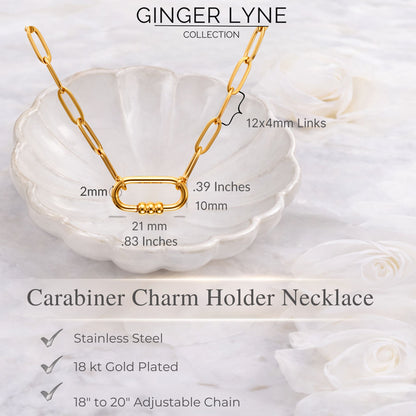 Carabiner Charm Holder Necklace for Women by Ginger Lyne Paperclip Chain 18KT Gold Plated Stainless Steel 18-20" - Gold-PaperclipChain/Rect 3 Bead CH