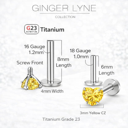 Small Heart CZ Solitaire Flat Back Stud Earrings Body Piercings by Ginger Lyne 2 Sets Post 6mm 8mm Included - 3mm-Yellow
