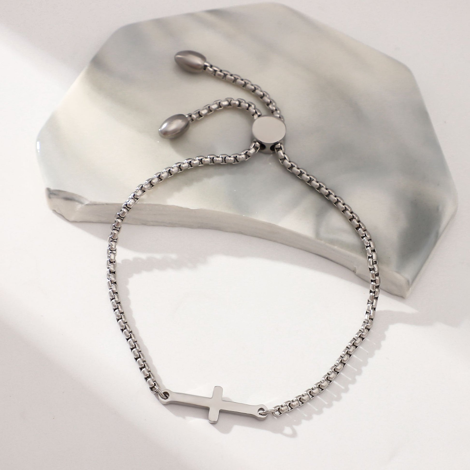 Religious Cross Bracelet by Ginger Lyne Adjustable Stainless Steel Chain Silver or Gold Finish - Silver