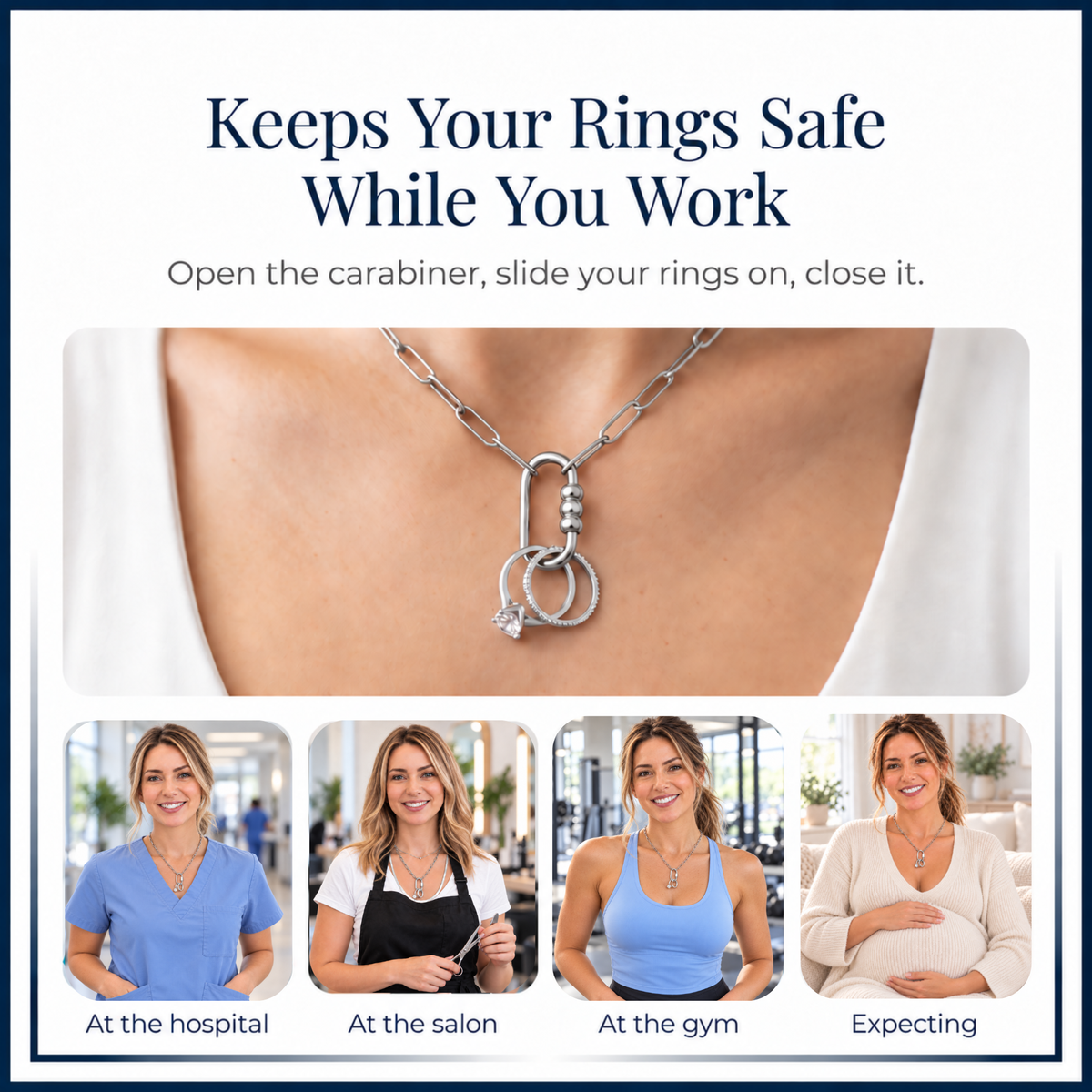 Silver Tone 3 Bead Screw Rectangle Carabiner Charm Holder Necklace Paperclip Chain 18-20 Inch Stainless Steel by Ginger Lyne - Silver-PaperclipChain/Rect 3 Bead CH