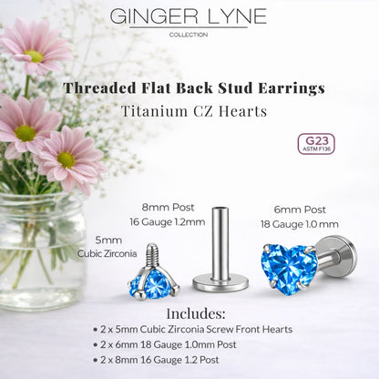 Small Heart CZ Solitaire Flat Back Stud Earrings Body Piercings by Ginger Lyne 2 Sets Post 6mm 8mm Included - 5mm-Blue