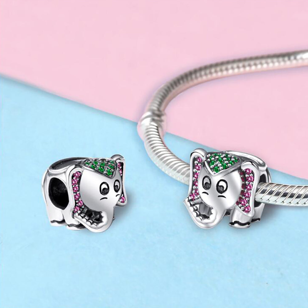 Elephant Charm European Bead Pink Green CZ Sterling Silver Ginger Lyne Collection