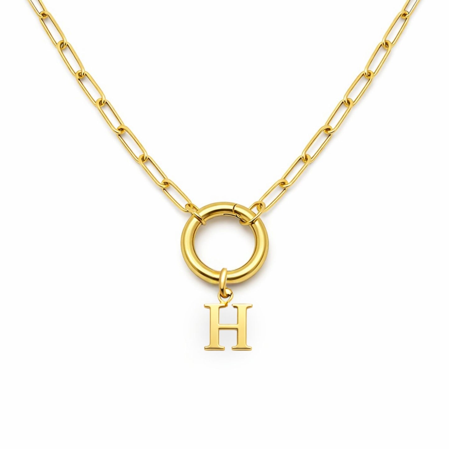 PaperclipLinkCircleCarabinerIntialLetterCharmHolderNecklaceforWomenStainlessSteel20"GingerLyne_Gold-H-1