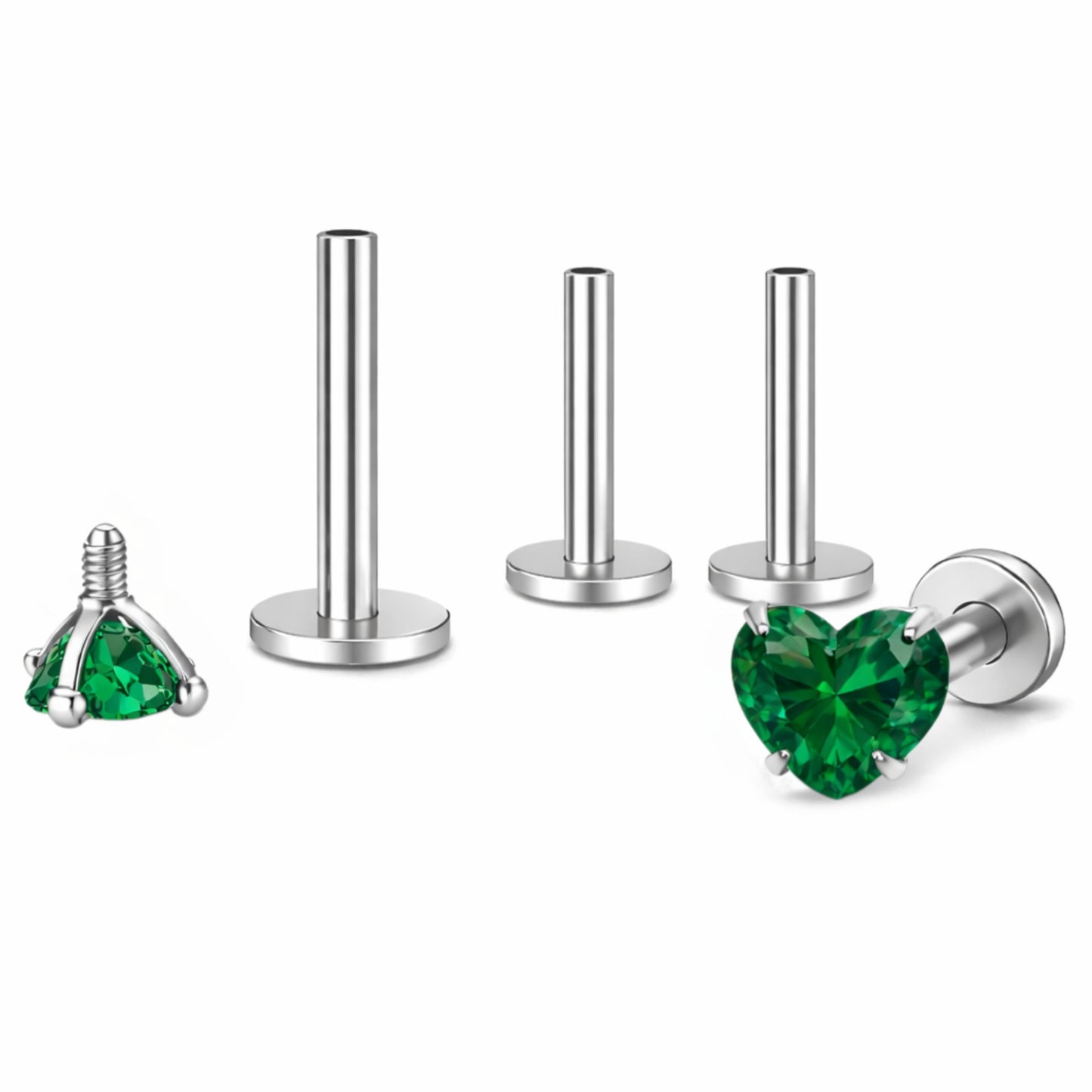 SmallHeartCZSolitaireFlatBackStudEarringsBodyPiercingsbyGingerLyne2SetsPost6mm8mmIncluded_5mm-DkGreen-1