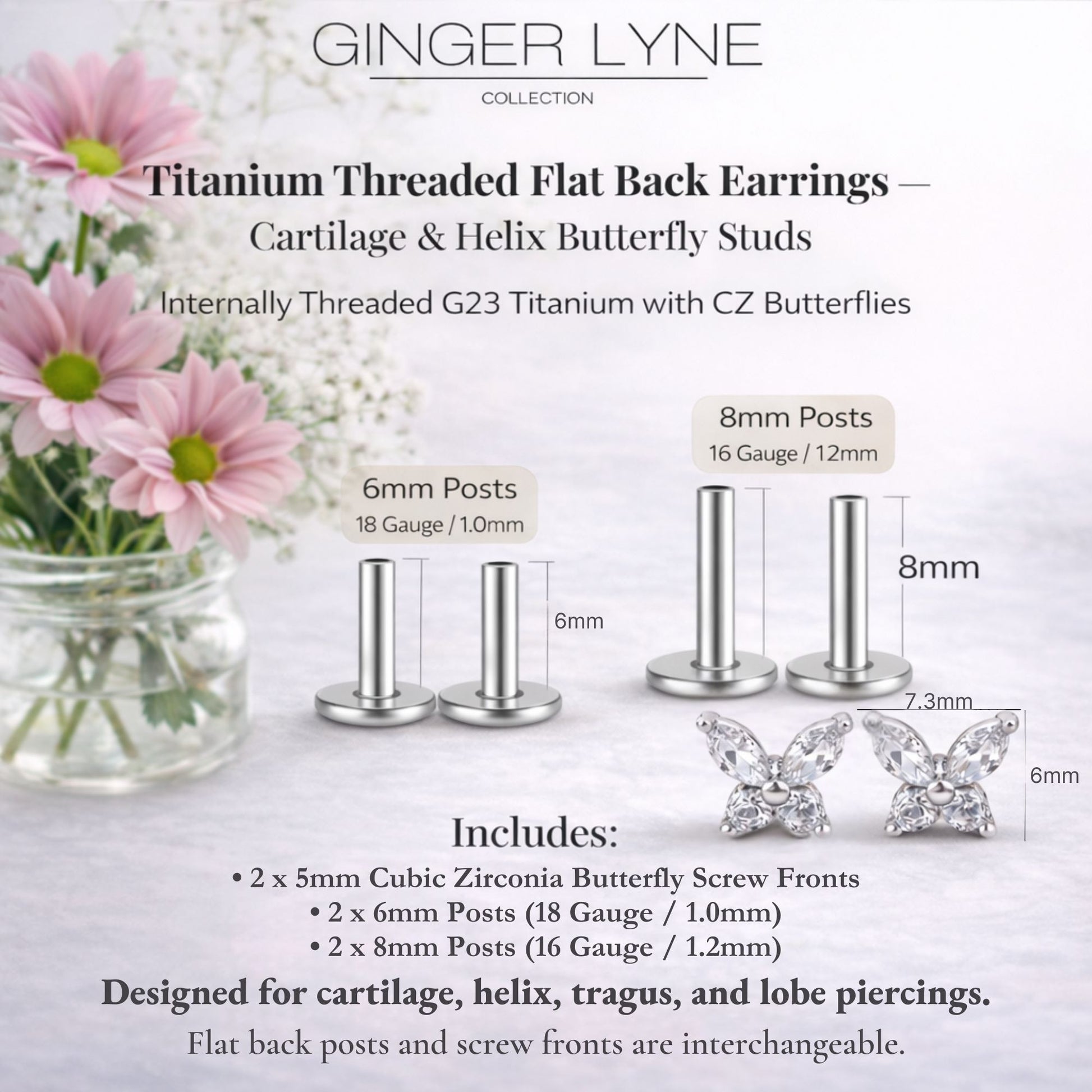 SmallButterflyCZSolitaireFlatBackStudEarringsBodyPiercingsbyGingerLyne2SetsPost6mm8mmIncluded_Clear-4