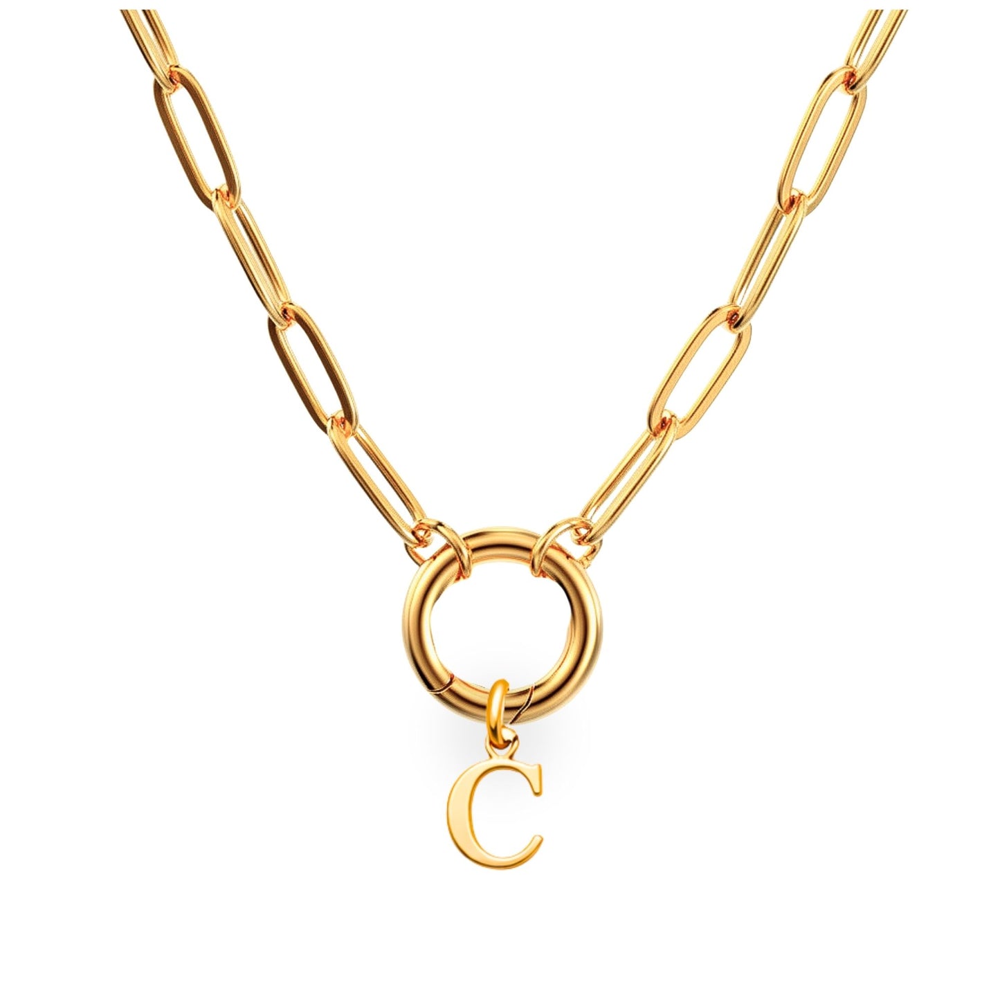 PaperclipLinkCircleCarabinerIntialLetterCharmHolderNecklaceforWomen18ktGoldPlatedStainlessSteelGingerLyne_Gold-C-1