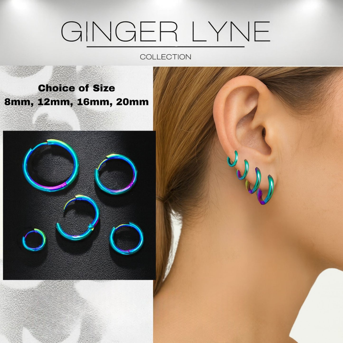 Stainless Steel Hoop Earrings by Ginger Lyne Huggie Style for Lobe Cartilage Piercing Body Jewelry - Rainbow-20mm