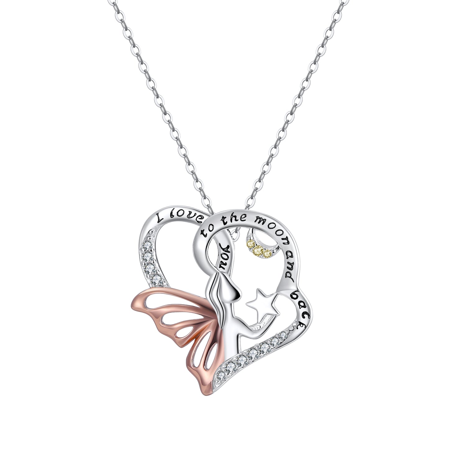 I Love You To The Moon Angel Necklace for Women Sterling Silver Pendant and Chain by Ginger Lyne