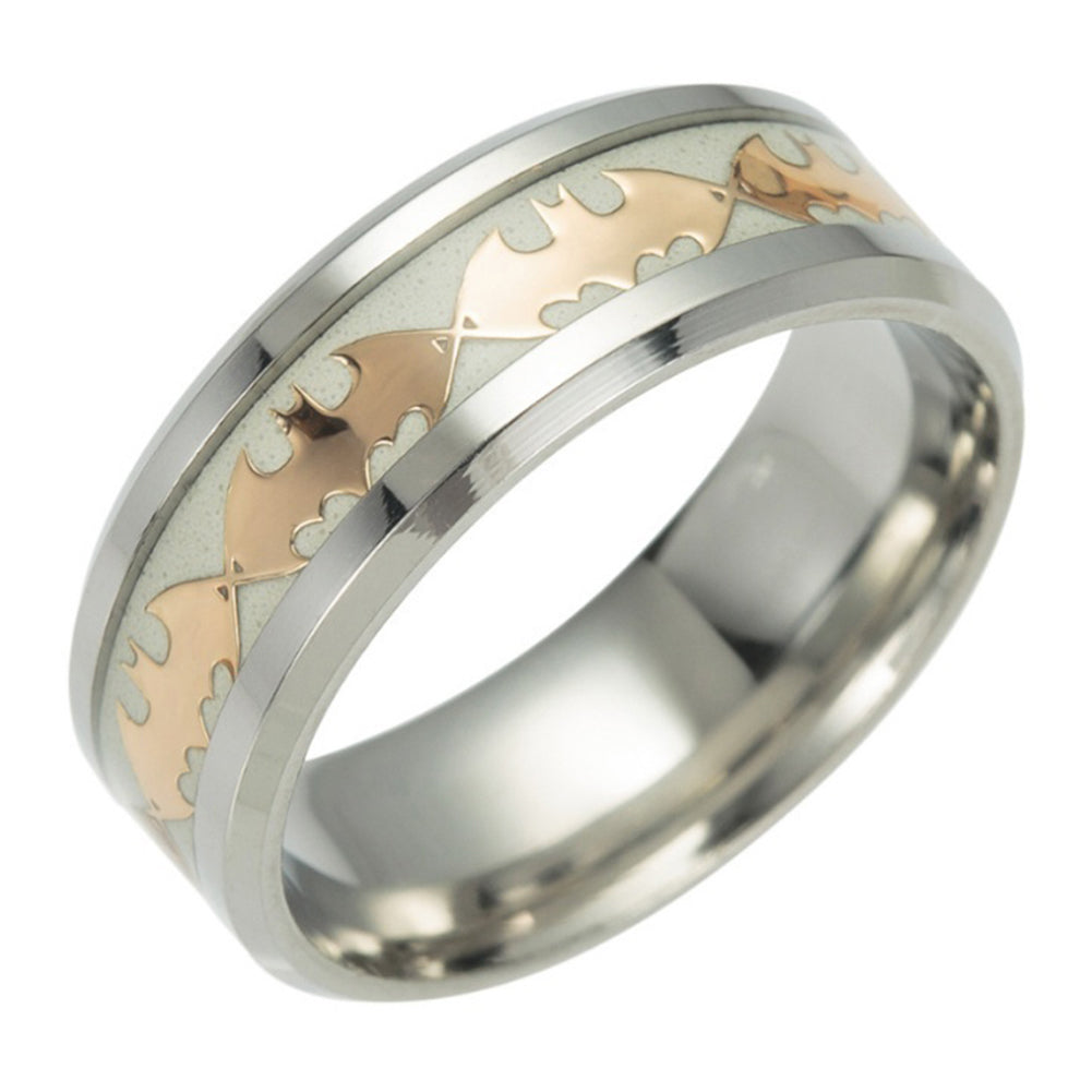 Glow in the Dark Bats Steel Wedding Band Ring Men Women Ginger Lyne Collection - Gold/Inlay,11.5