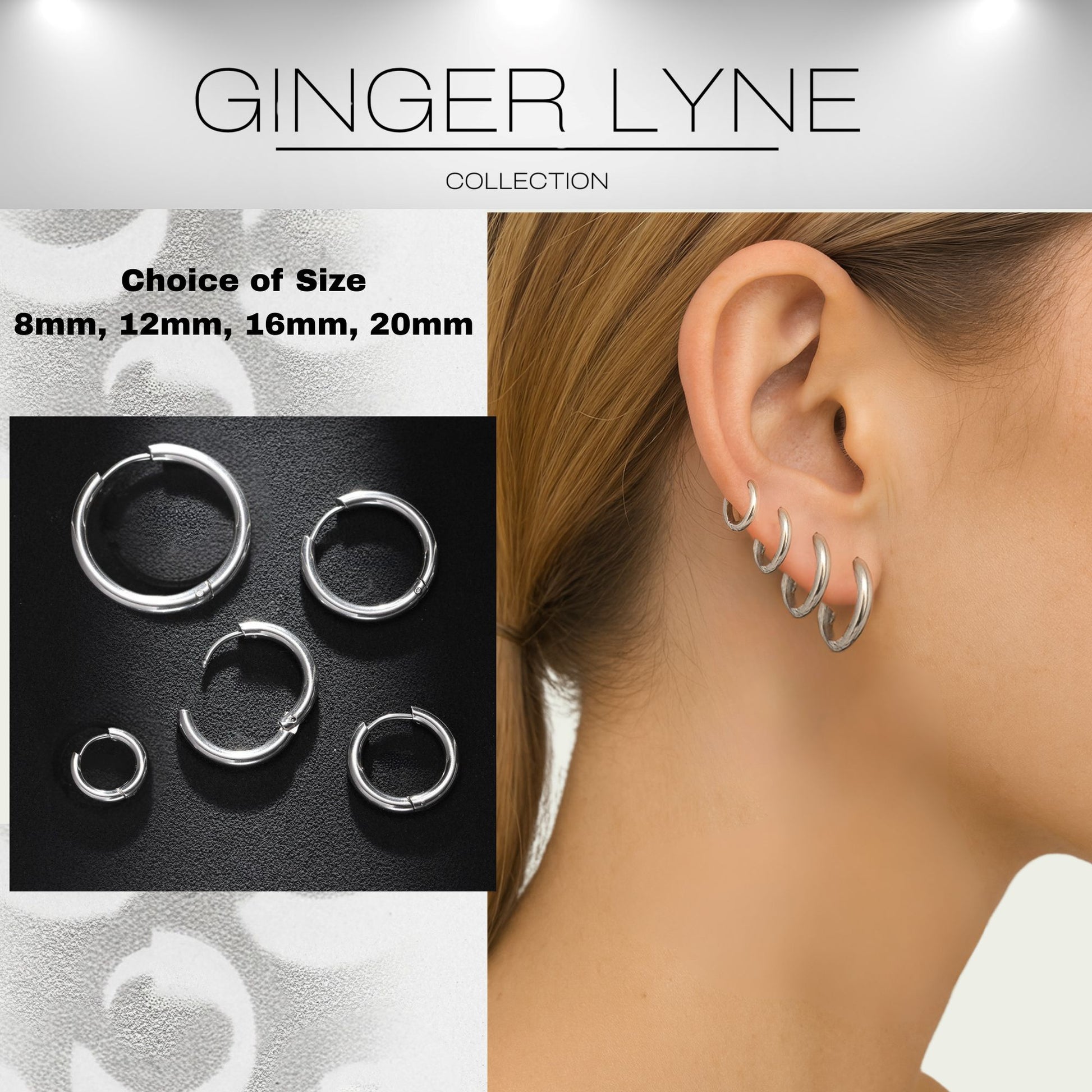 Stainless Steel Hoop Earrings by Ginger Lyne Huggie Style for Lobe Cartilage Piercing Body Jewelry - Silver-20mm