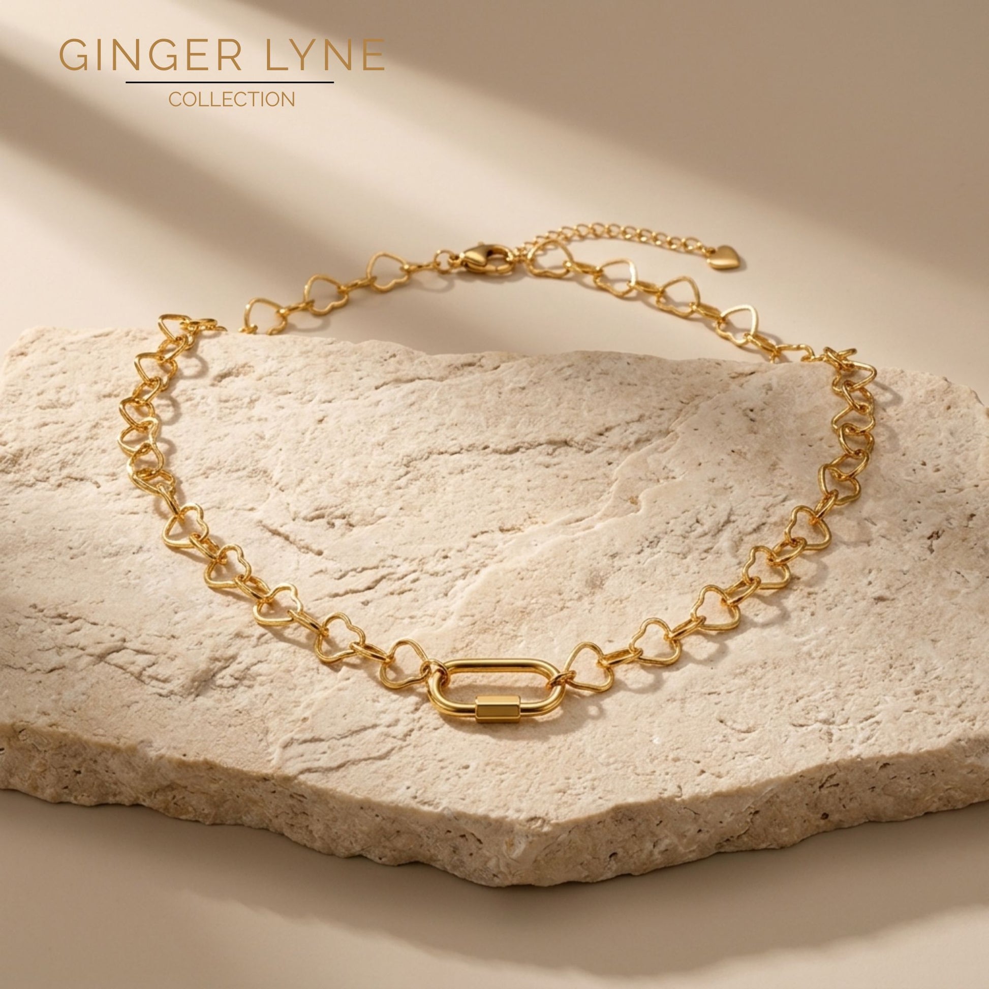 Carabiner Charm Holder Necklace for Women by Ginger Lyne Heart Link Chain 18KT Gold Plated Stainless Steel 18-20" - Gold-Heart Chain/Rect Sq CH