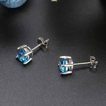March Birthstone Stud Earrings for Women Blue Cubic Zirconia 6mm Sterling Silver Studs by Ginger Lyne - March