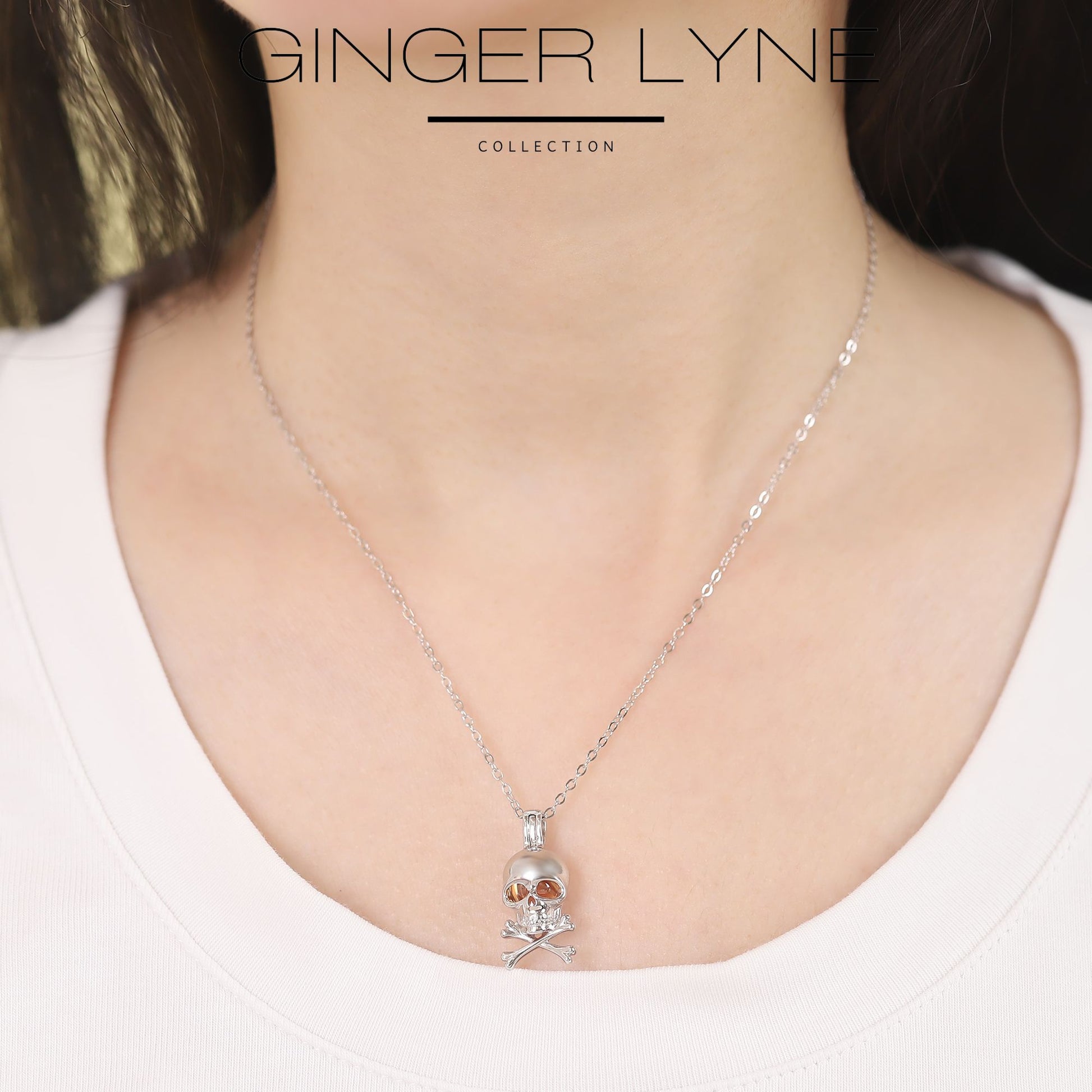 SkullNecklaceforWomenbyGingerLyneGlowingAmberEyesSterlingSilverPendantand16-18"Chain_Silver-5
