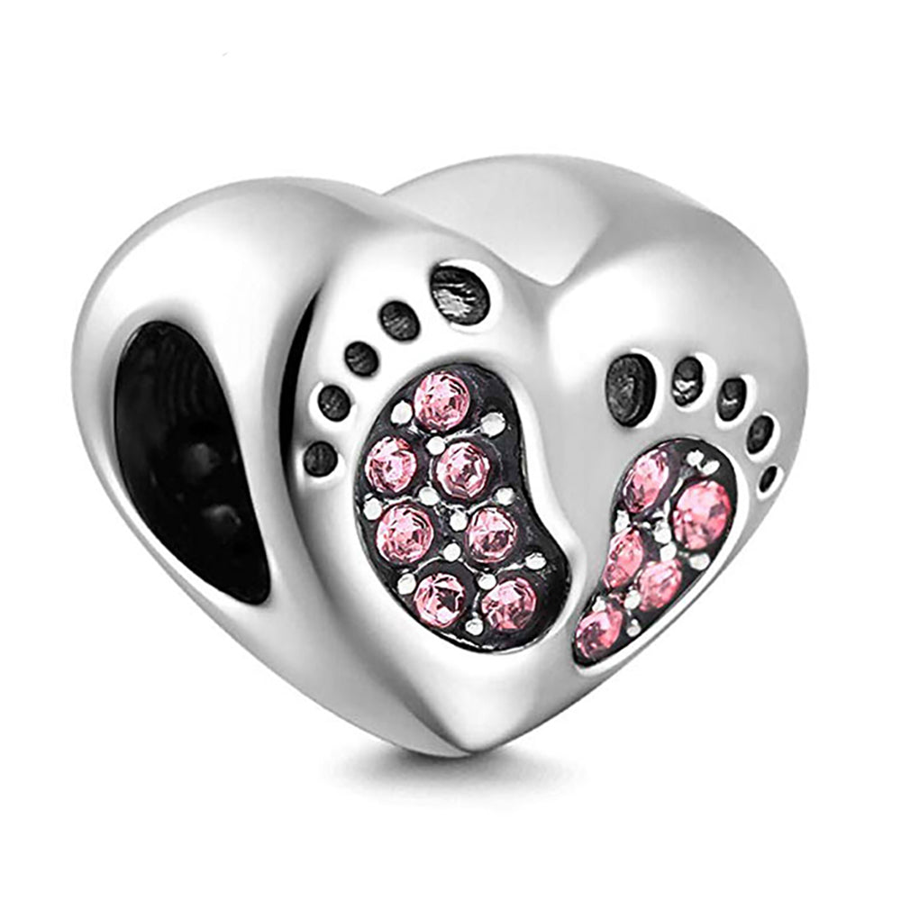 Baby Footprints Heart Charm for Women European Bead CZ Sterling Silver Ginger Lyne Collection - Pink