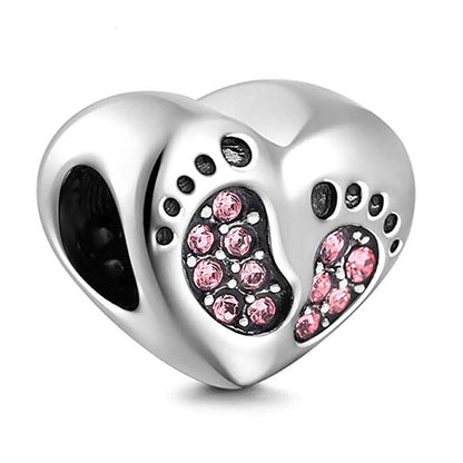 Baby Footprints Heart Charm for Women European Bead CZ Sterling Silver Ginger Lyne Collection - Pink