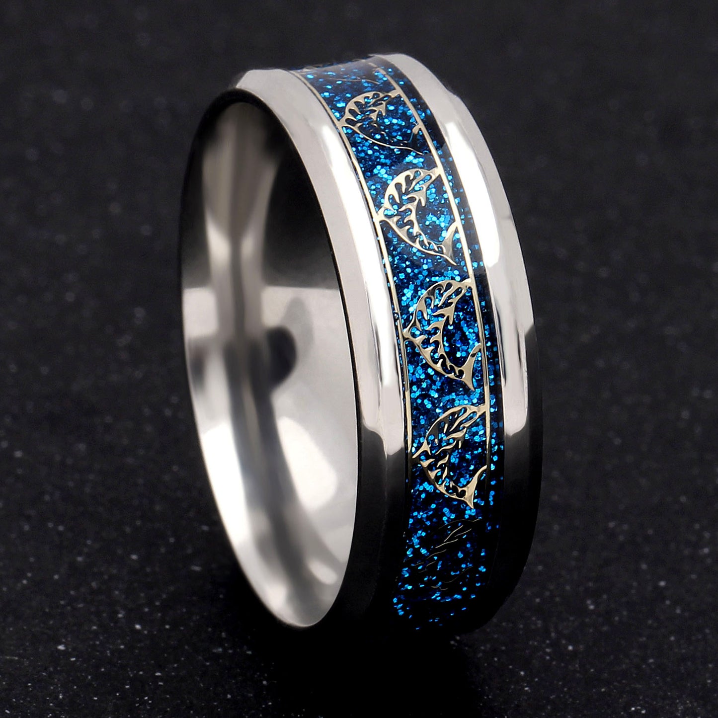 DolphinsStainlessSteelComfortFitWeddingBandRingforMenWomenGingerLyneCollection_Silver-2