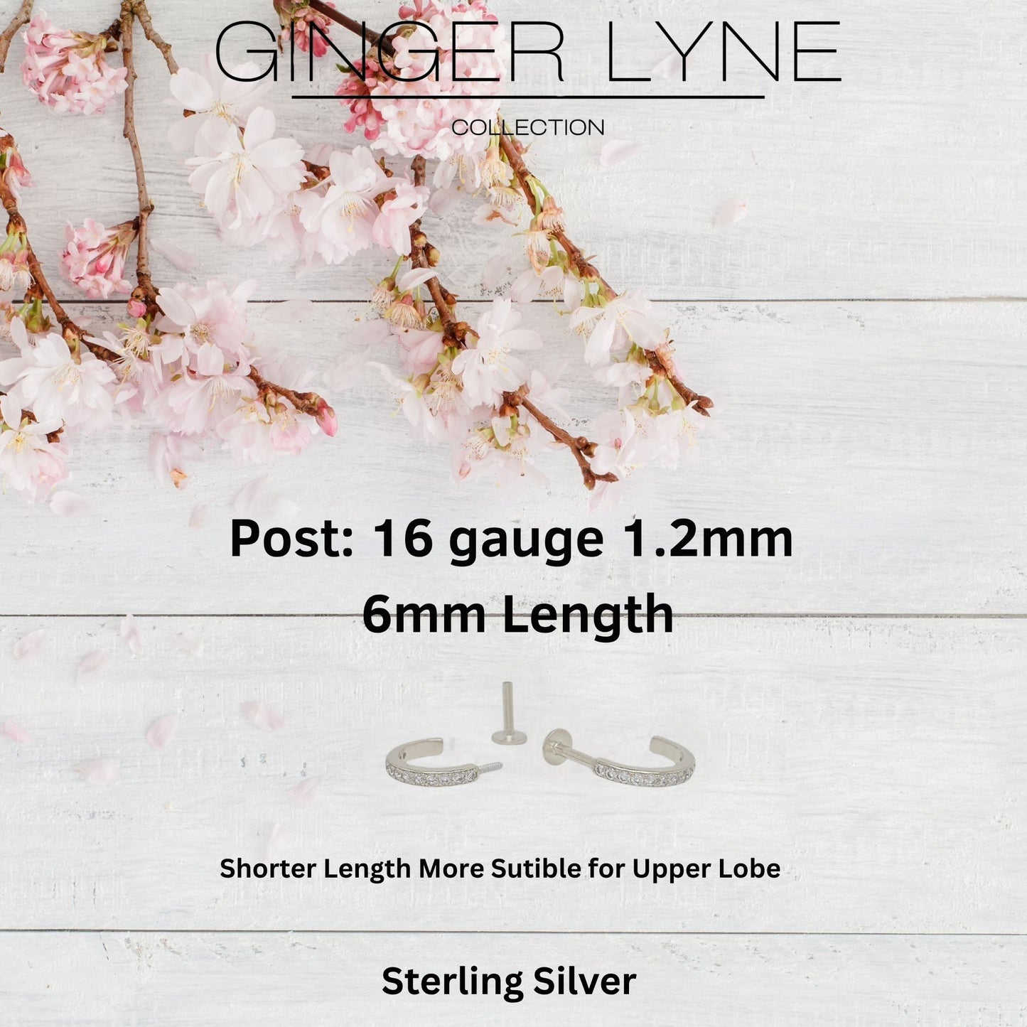 Hoop Flat Back Earrings for Women Sterling Silver 16G 6mm Cartilage Helix Upper Lobe Body Piercing Ginger Lyne