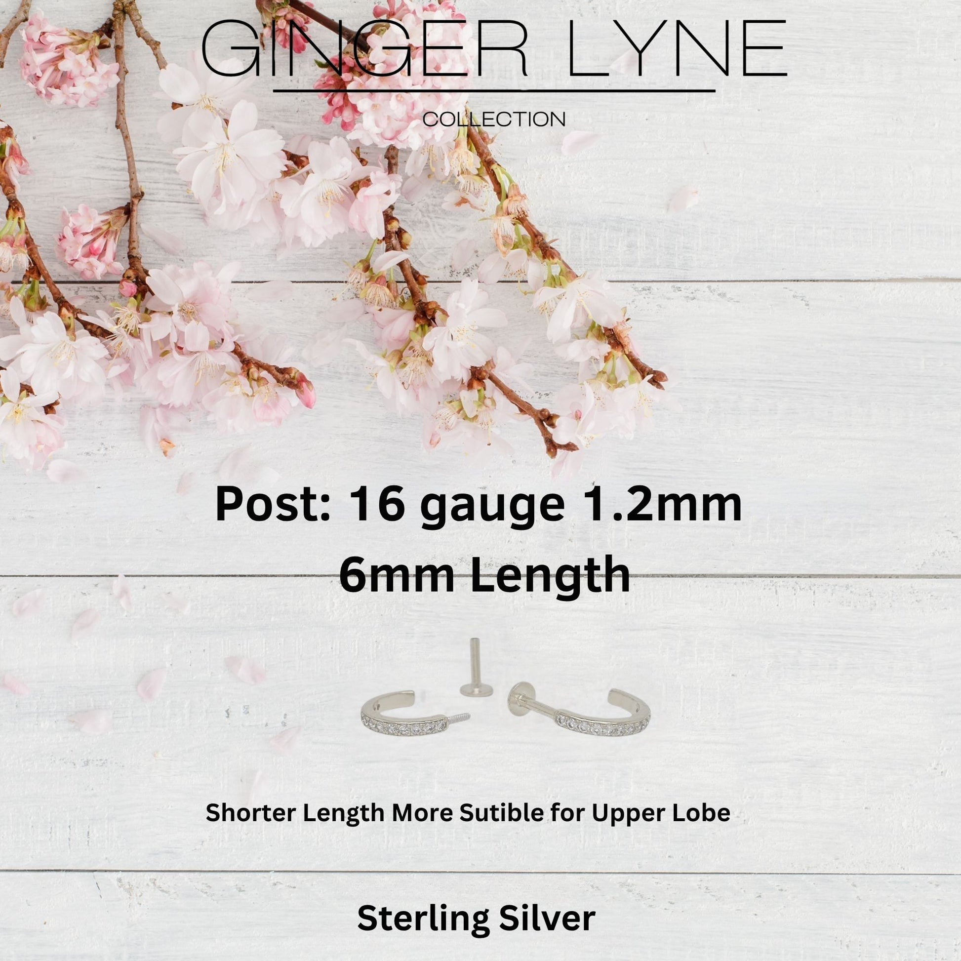 Hoop Flat Back Earrings for Women Sterling Silver 16G 6mm Cartilage Helix Upper Lobe Body Piercing Ginger Lyne