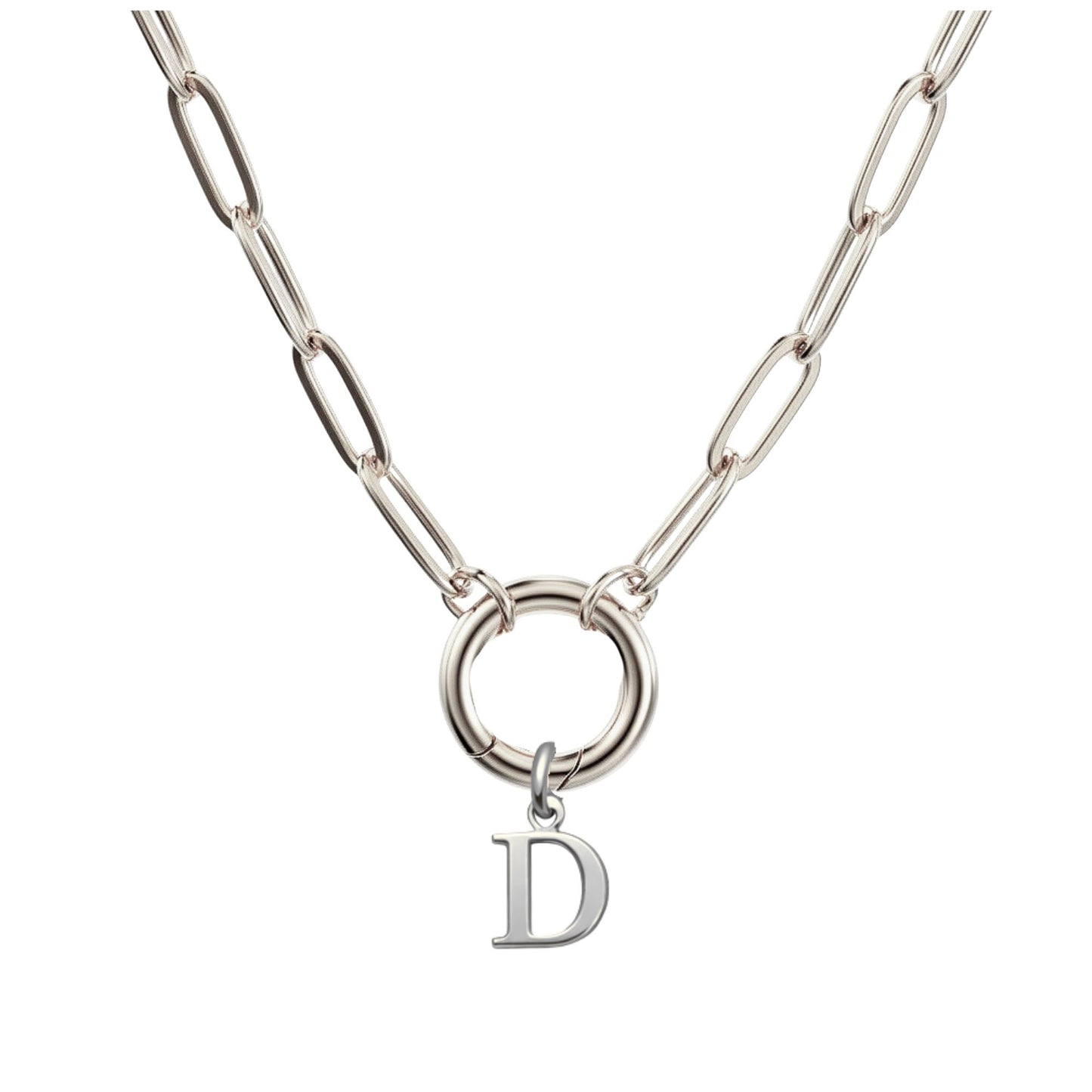 PaperclipLinkCircleCarabinerIntialLetterCharmHolderNecklaceforWomenStainlessSteel20"GingerLyne_Silver-D-1